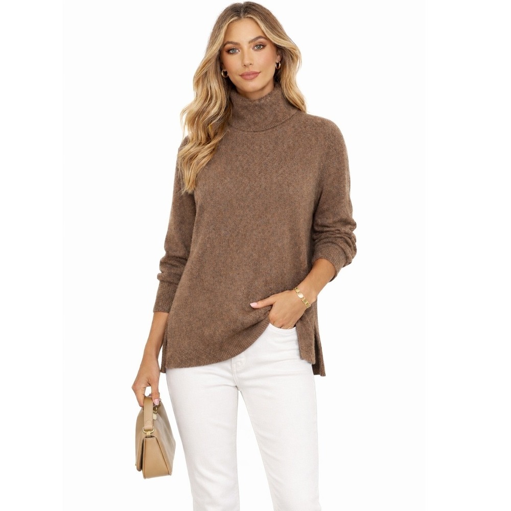 Saks Fifth Avenue Turtleneck Sweater Brown Wool Cashmere Blend Tunic S‎